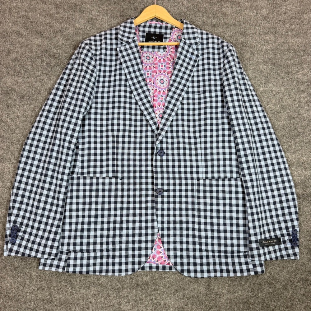 Tailorbyrd Blazer Gingham Sport Coat Mens 44L Blue 100% Cotton NWOT